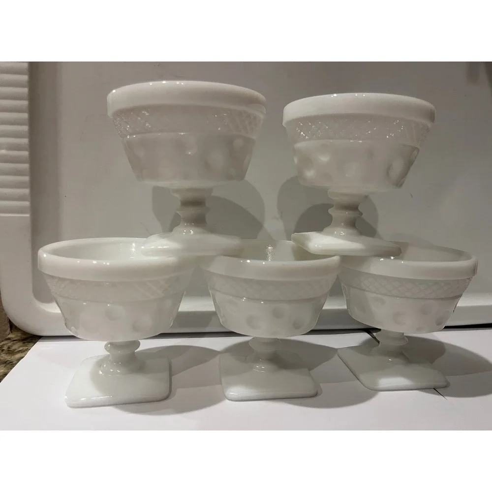 Set of 5 Vintage Milk‎ Glass Hobnail Pedestal Dessert Cups Goblets